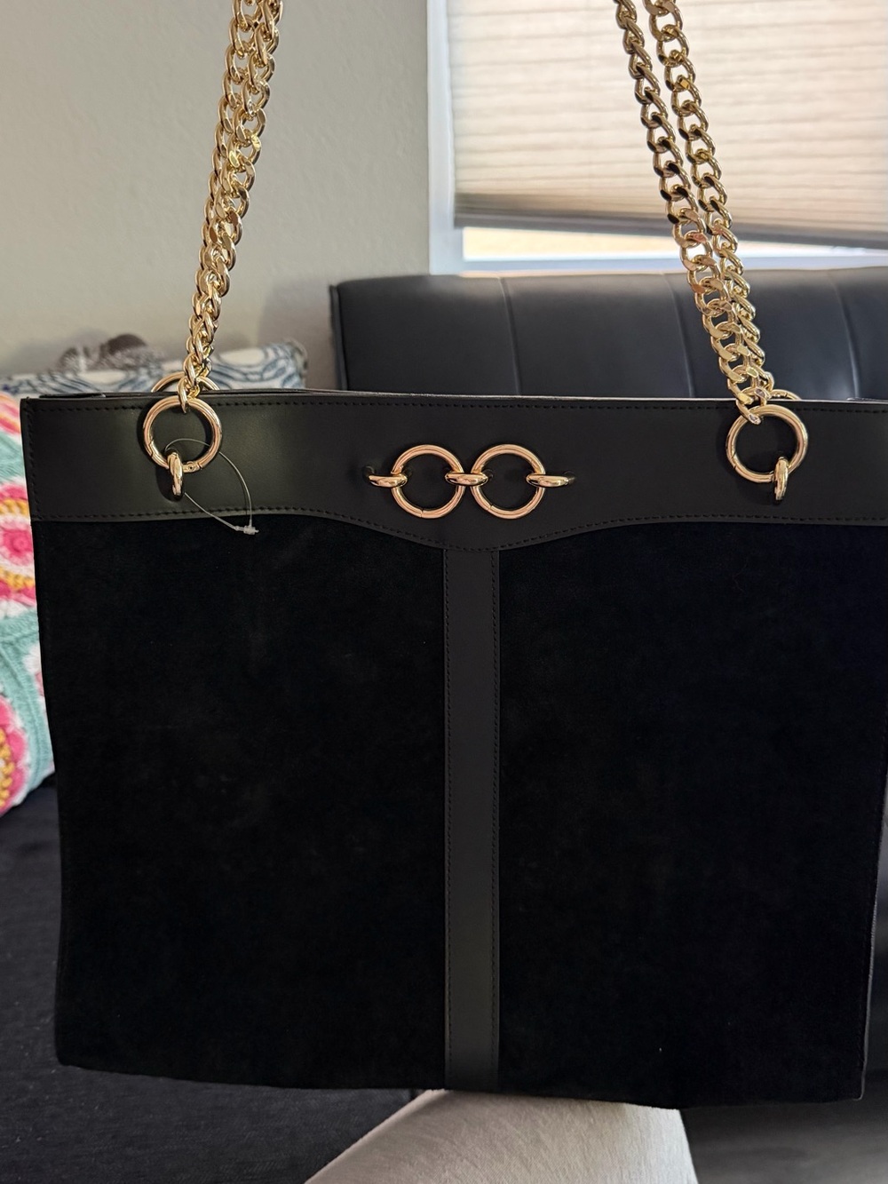 Black Suede Tote with Gold Chain Handles